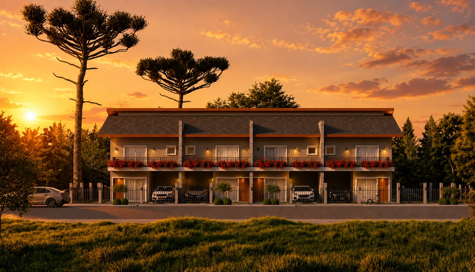 Fachada do Residencial Blumenfels em Nova Petrópolis ao pôr do sol
