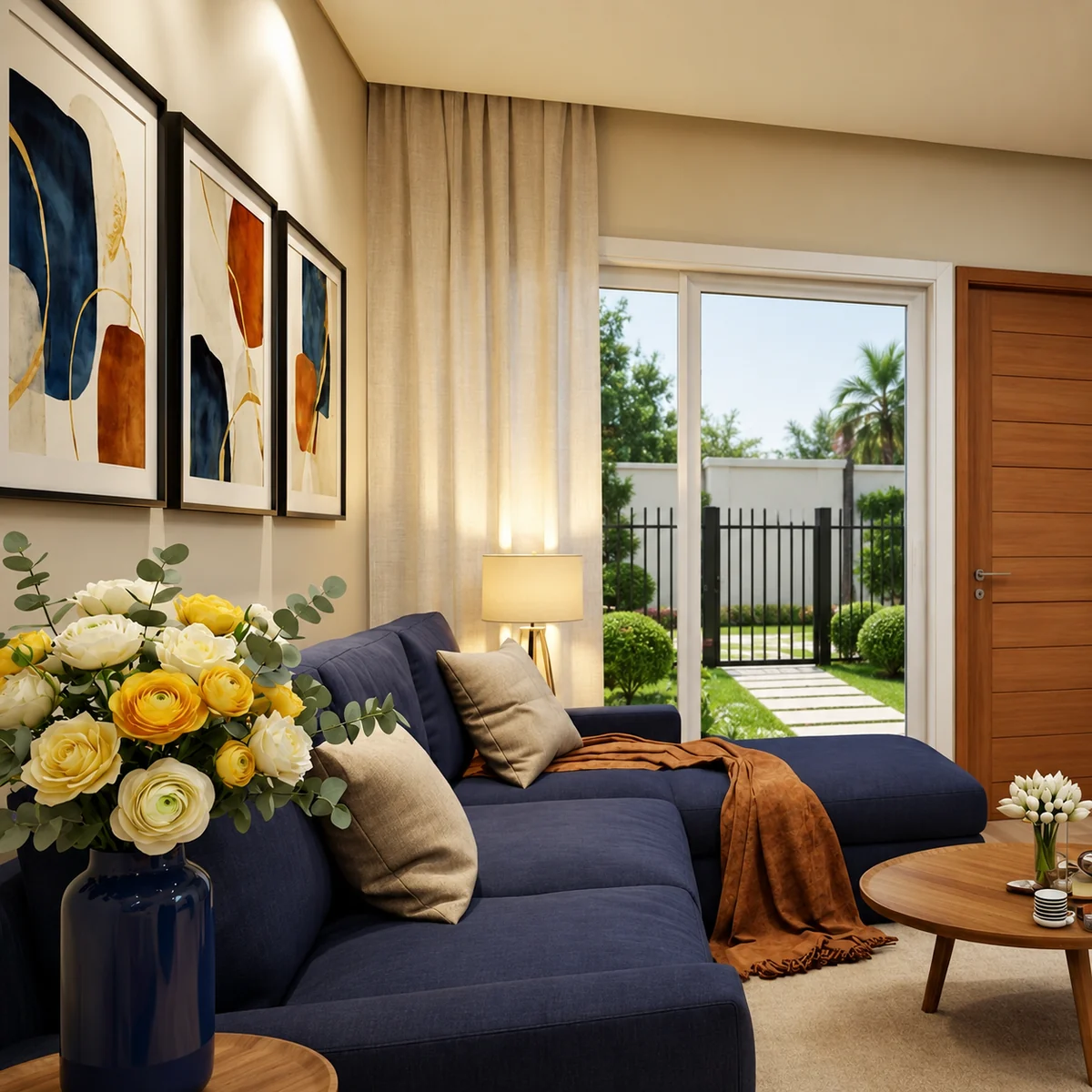 Sala de estar aconchegante com sofá azul e vista para o pátio